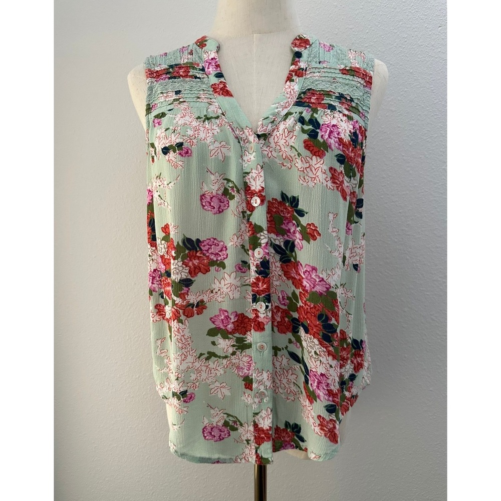 Anthropologie Meadow Rue Green Floral Lace Sleeveless Blouse Boho Cottage Size 2